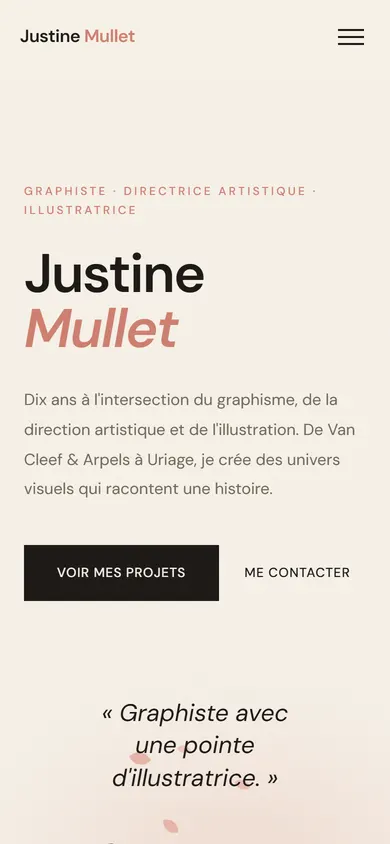 Page d'accueil du site Justine Mullet, sur téléphone